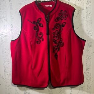 Susan Graver Size 2X Fleece Vest Tassel Full Zip Red Black Embellished NWOT